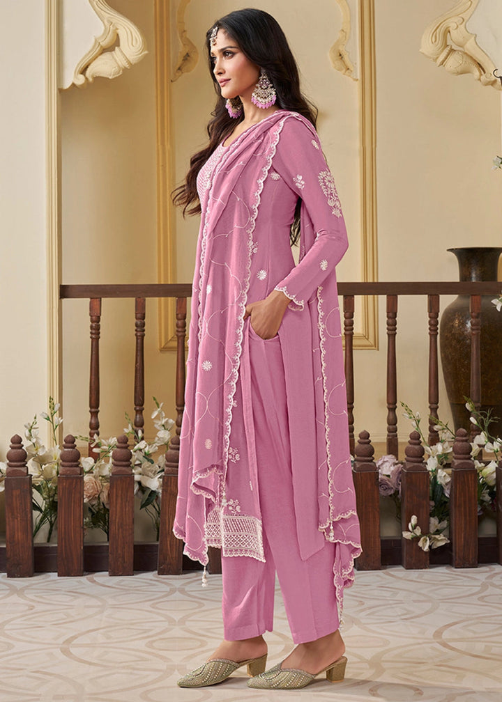Taffy Pink Chinon Silk Suit with Intricate White Thread & Sequin Embroidery - House of Sarvati LLC