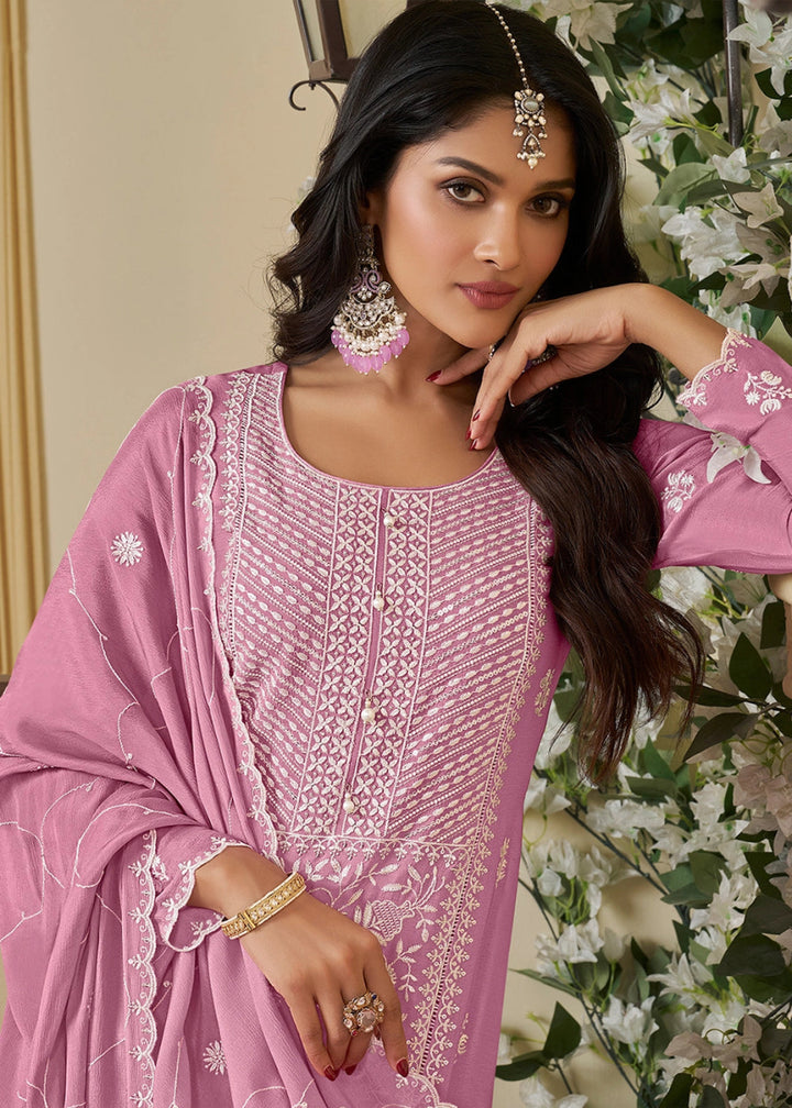 Taffy Pink Chinon Silk Suit with Intricate White Thread & Sequin Embroidery - House of Sarvati LLC