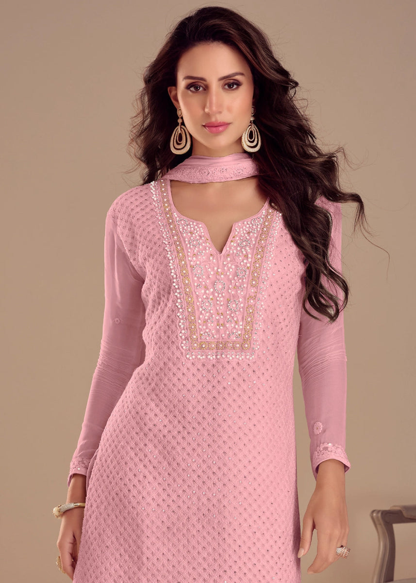Taffy Pink Embroidered Palazzo Suit in Soft Georgette - House of Sarvati LLC