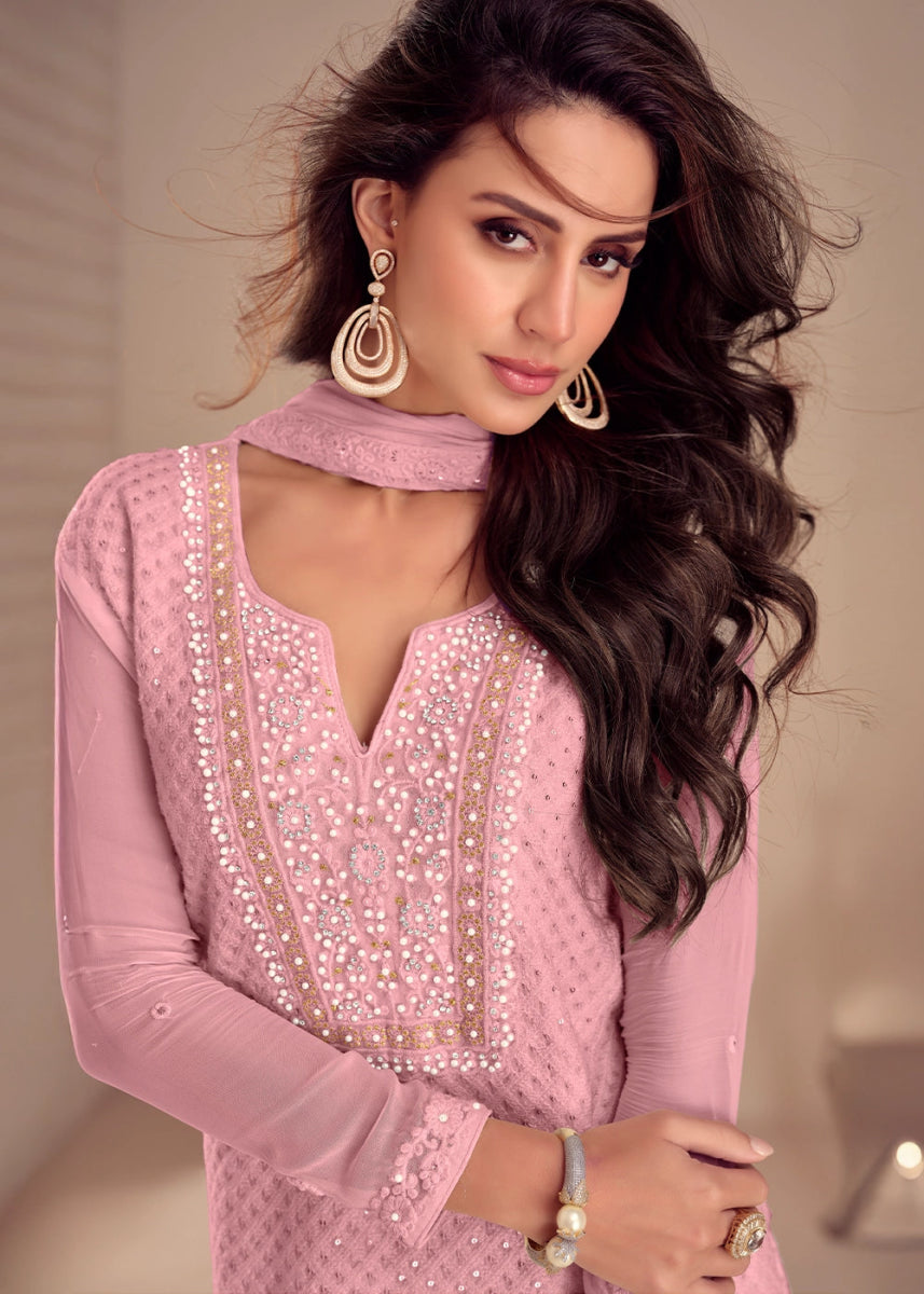 Taffy Pink Embroidered Palazzo Suit in Soft Georgette - House of Sarvati LLC