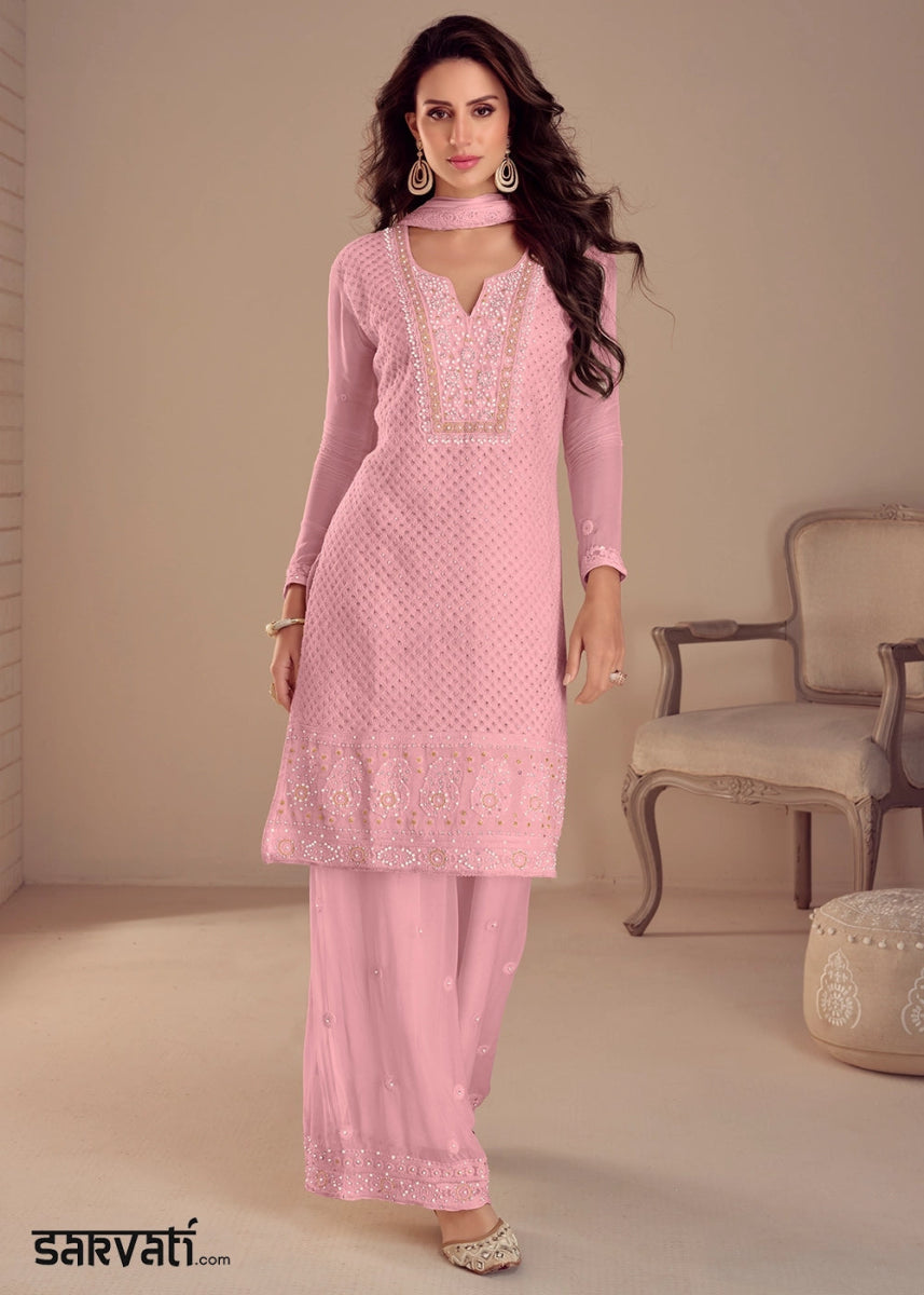 Taffy Pink Embroidered Palazzo Suit in Soft Georgette - House of Sarvati LLC