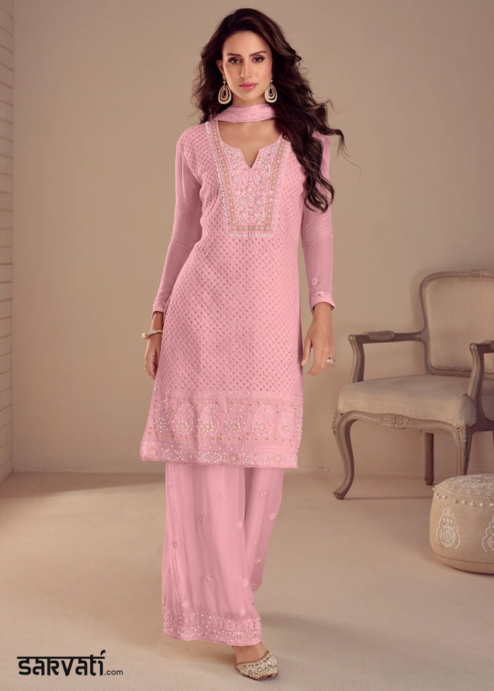 Taffy Pink Embroidered Palazzo Suit in Soft Georgette - House of Sarvati LLC