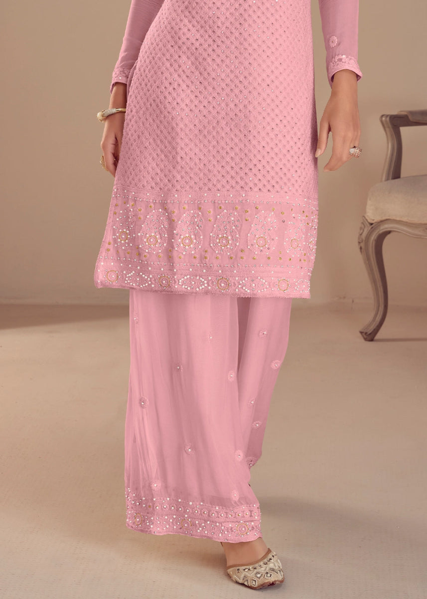 Taffy Pink Embroidered Palazzo Suit in Soft Georgette - House of Sarvati LLC