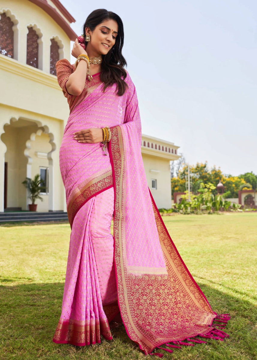 Taffy Pink Georgette Silk Saree with Ornate Zari Border & Pallu - House of Sarvati LLC