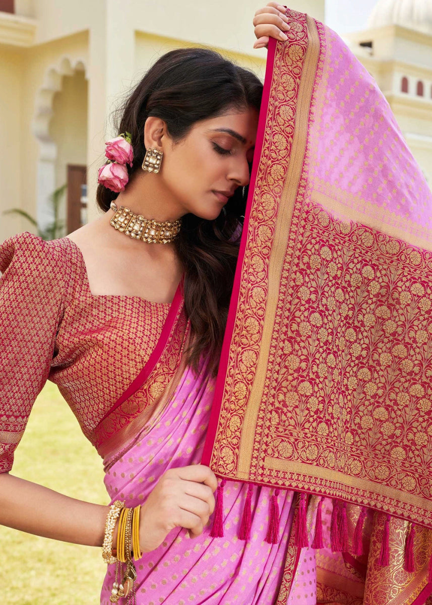 Taffy Pink Georgette Silk Saree with Ornate Zari Border & Pallu - House of Sarvati LLC