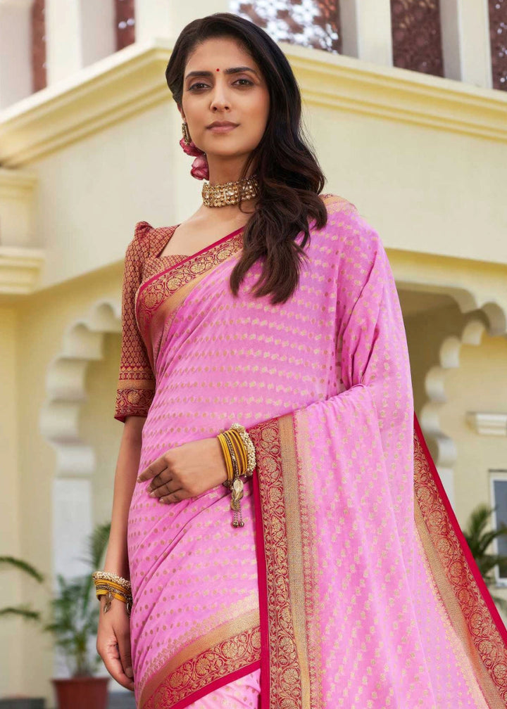 Taffy Pink Georgette Silk Saree with Ornate Zari Border & Pallu - House of Sarvati LLC