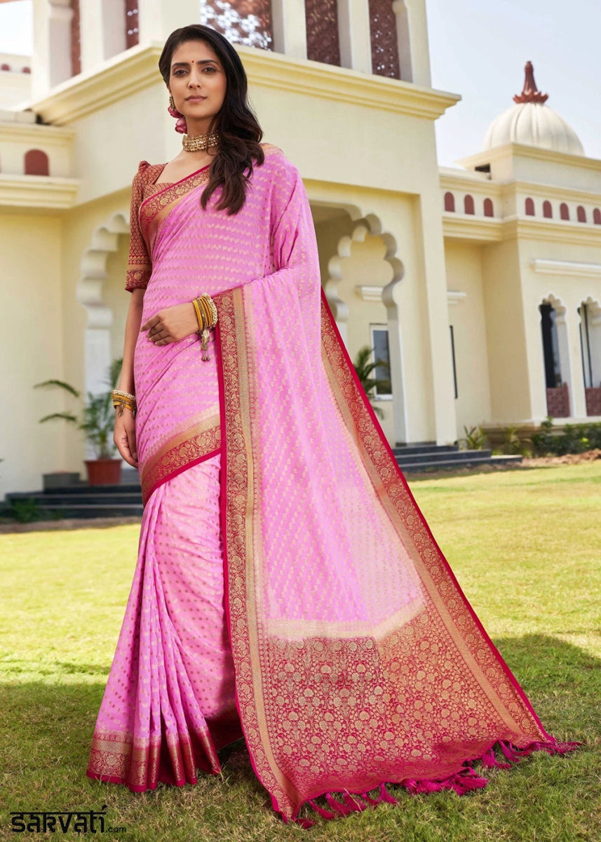 Taffy Pink Georgette Silk Saree with Ornate Zari Border & Pallu - House of Sarvati LLC