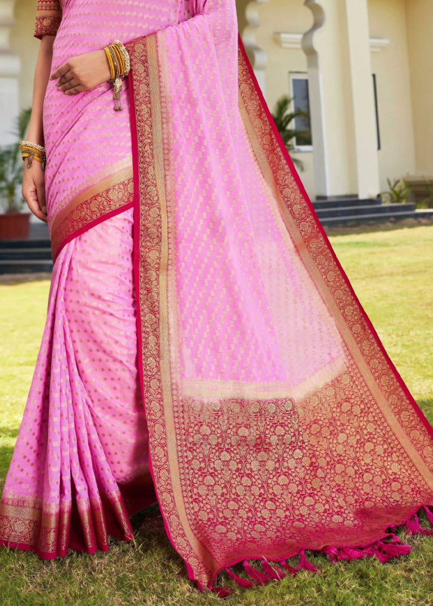 Taffy Pink Georgette Silk Saree with Ornate Zari Border & Pallu - House of Sarvati LLC