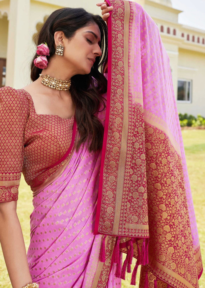 Taffy Pink Georgette Silk Saree with Ornate Zari Border & Pallu - House of Sarvati LLC