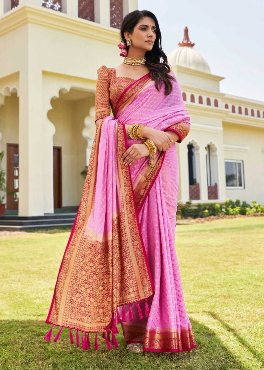 Taffy Pink Georgette Silk Saree with Ornate Zari Border & Pallu - House of Sarvati LLC