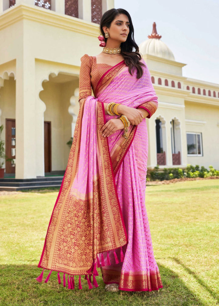 Taffy Pink Georgette Silk Saree with Ornate Zari Border & Pallu - House of Sarvati LLC