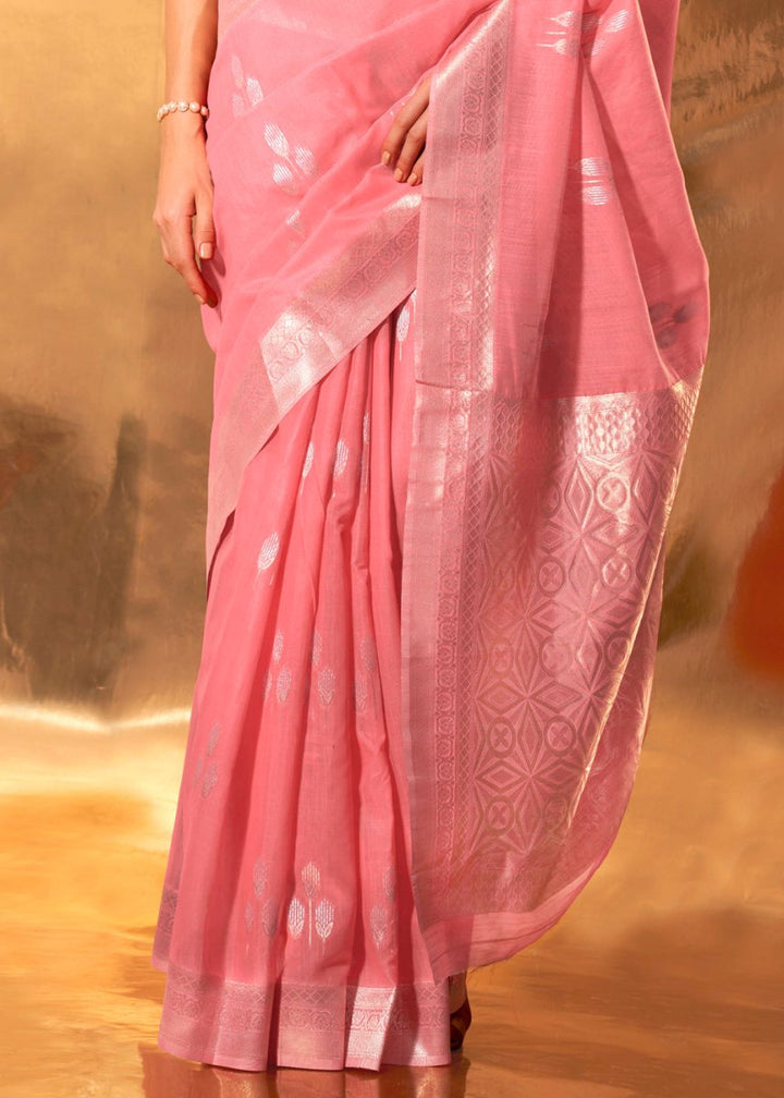 Taffy Pink Linen Silk Saree with Woven Zari Highlights - House of Sarvati LLC