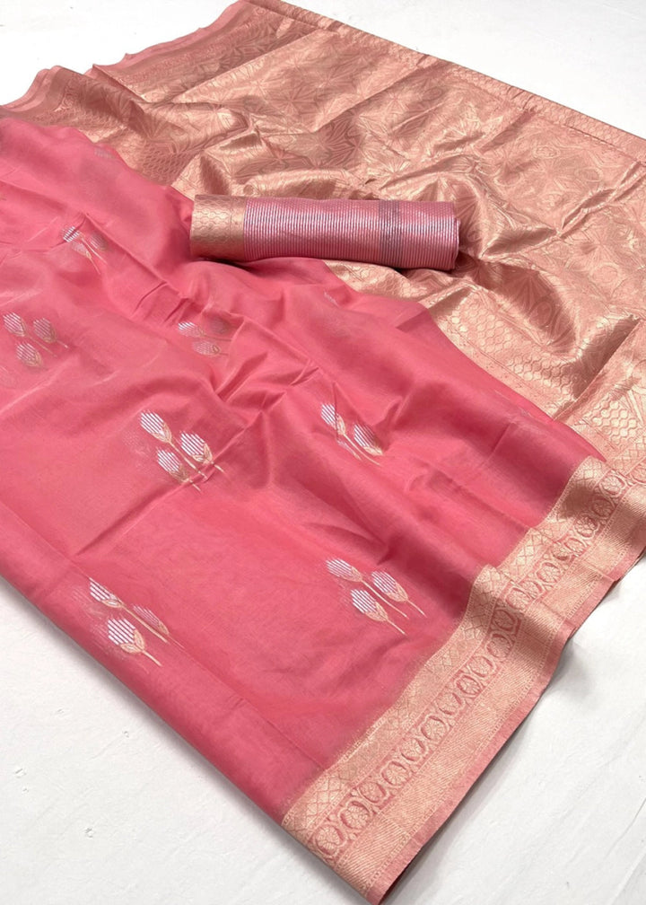 Taffy Pink Linen Silk Saree with Woven Zari Highlights - House of Sarvati LLC