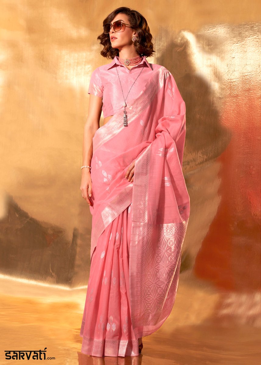 Taffy Pink Linen Silk Saree with Woven Zari Highlights - House of Sarvati LLC