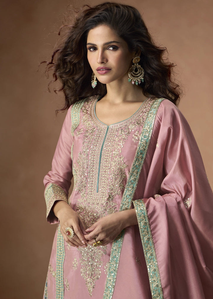 Taffy Pink Organza Silk Palazzo Suit Adorned with Floral Embroidery - House of Sarvati LLC