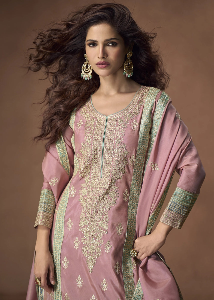 Taffy Pink Organza Silk Palazzo Suit Adorned with Floral Embroidery - House of Sarvati LLC