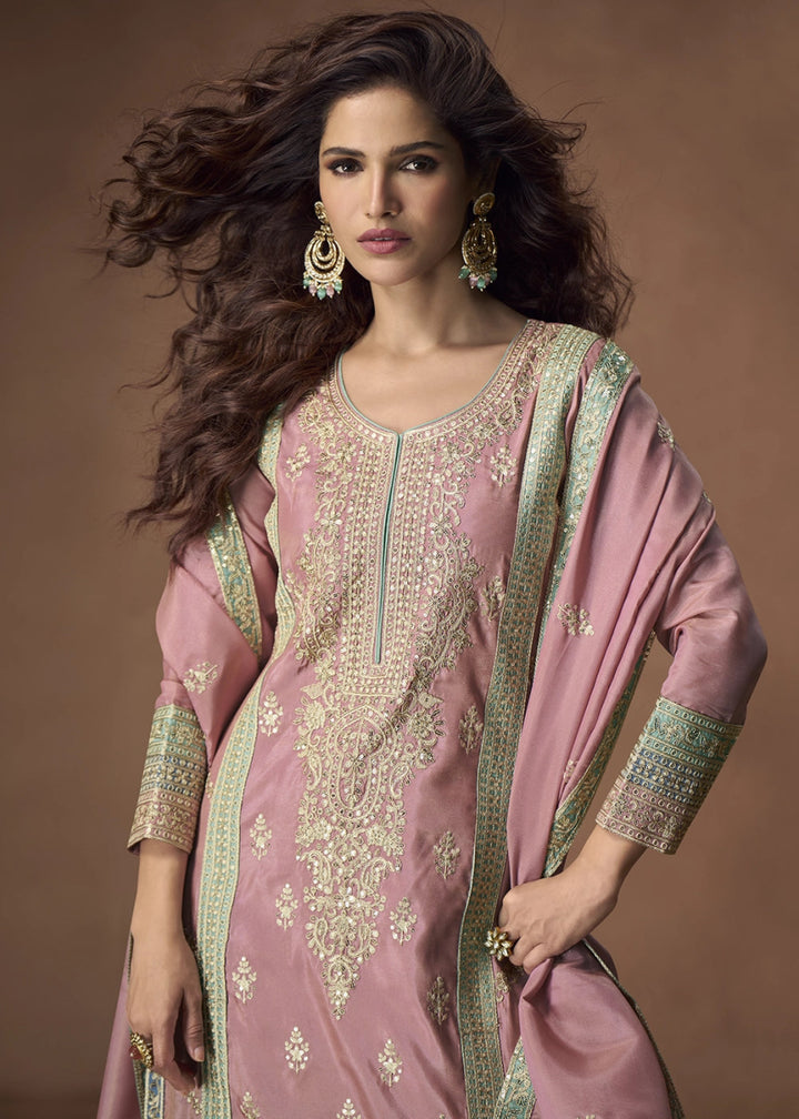 Taffy Pink Organza Silk Palazzo Suit Adorned with Floral Embroidery - House of Sarvati LLC
