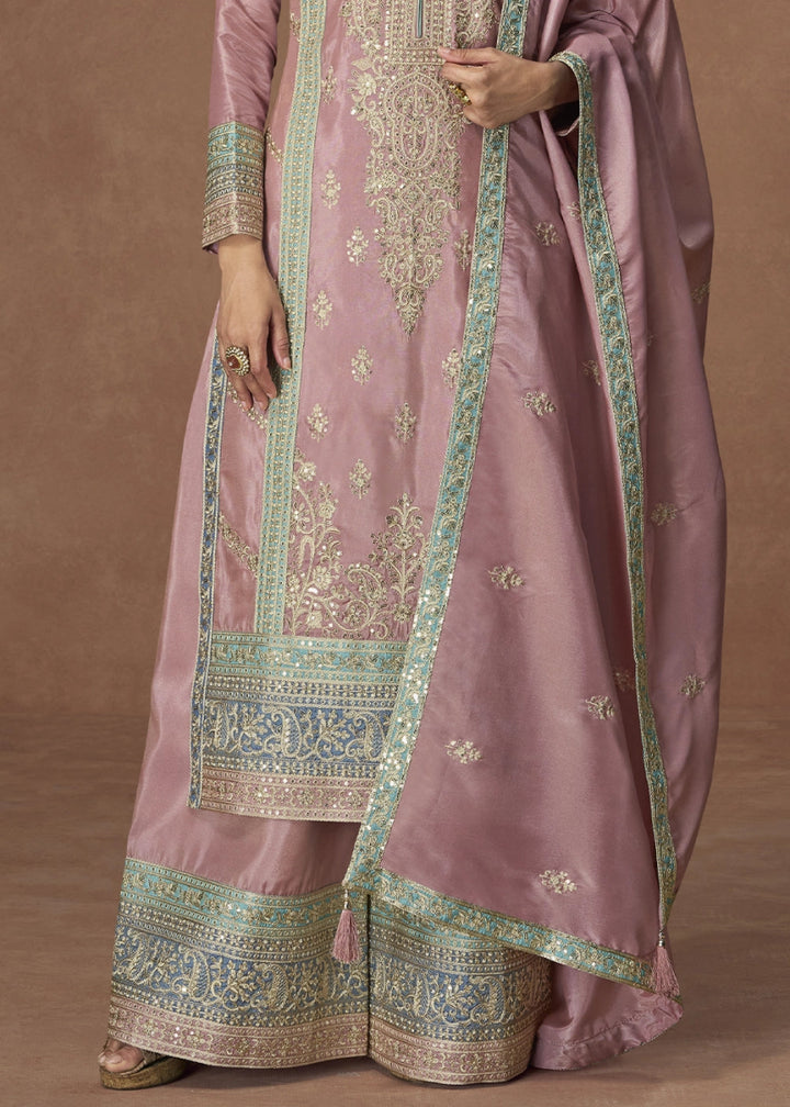 Taffy Pink Organza Silk Palazzo Suit Adorned with Floral Embroidery - House of Sarvati LLC