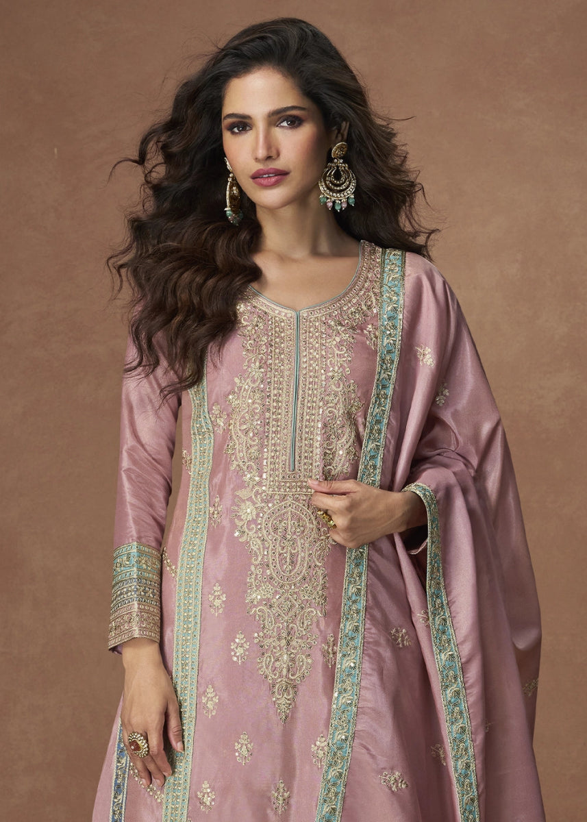 Taffy Pink Organza Silk Palazzo Suit Adorned with Floral Embroidery - House of Sarvati LLC