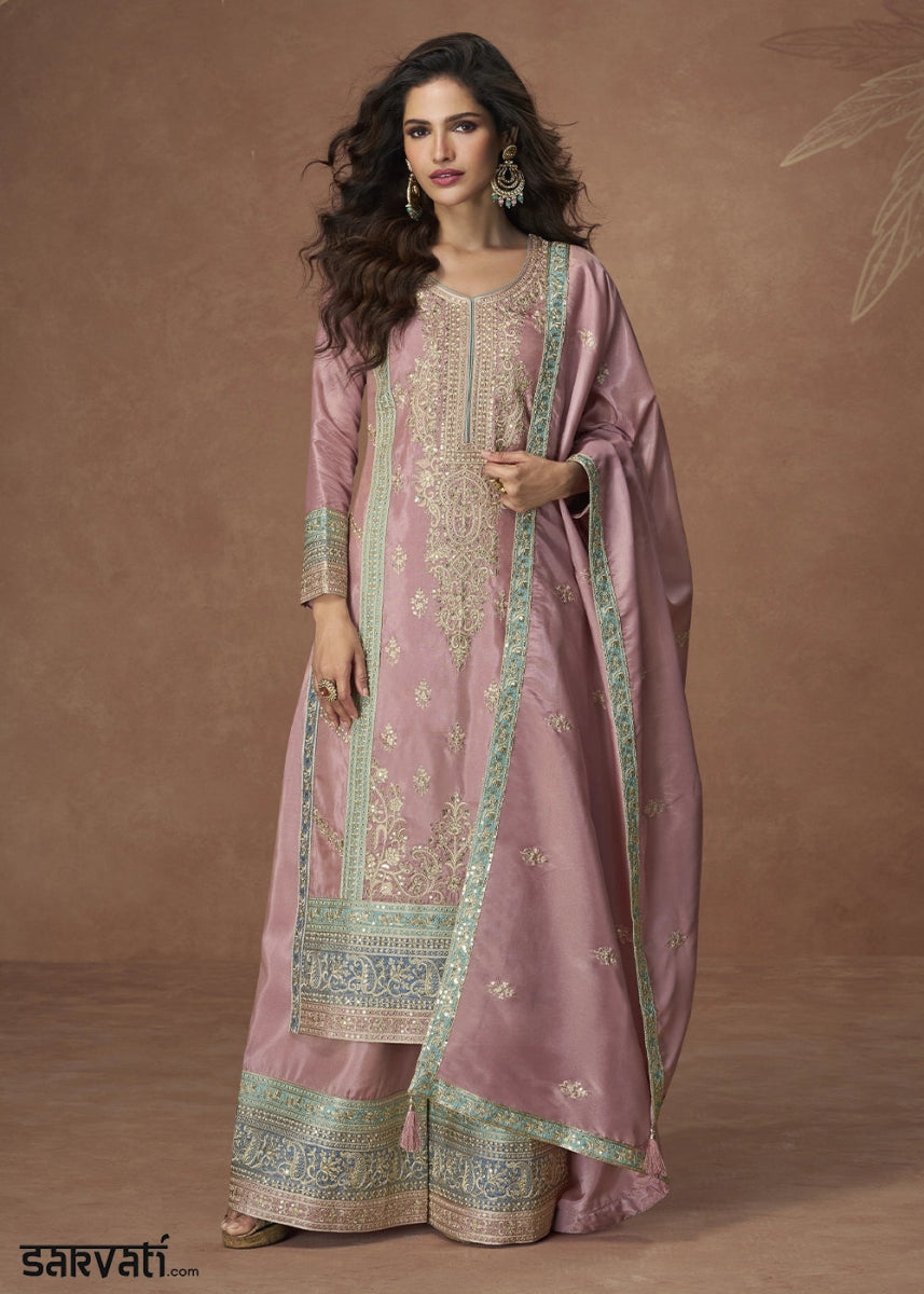 Taffy Pink Organza Silk Palazzo Suit Adorned with Floral Embroidery - House of Sarvati LLC