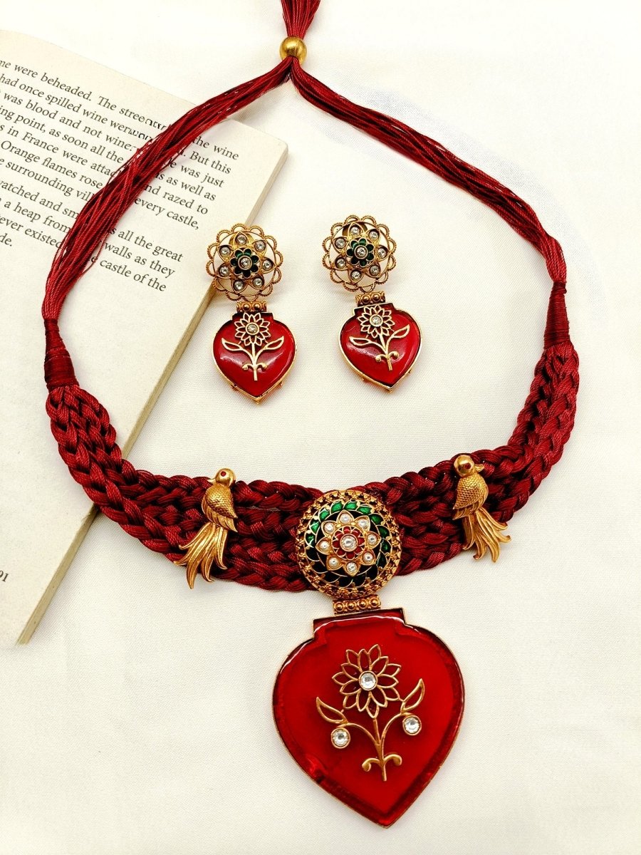Taima Maroon Thread Boutique Choker Set - House of Sarvati LLC