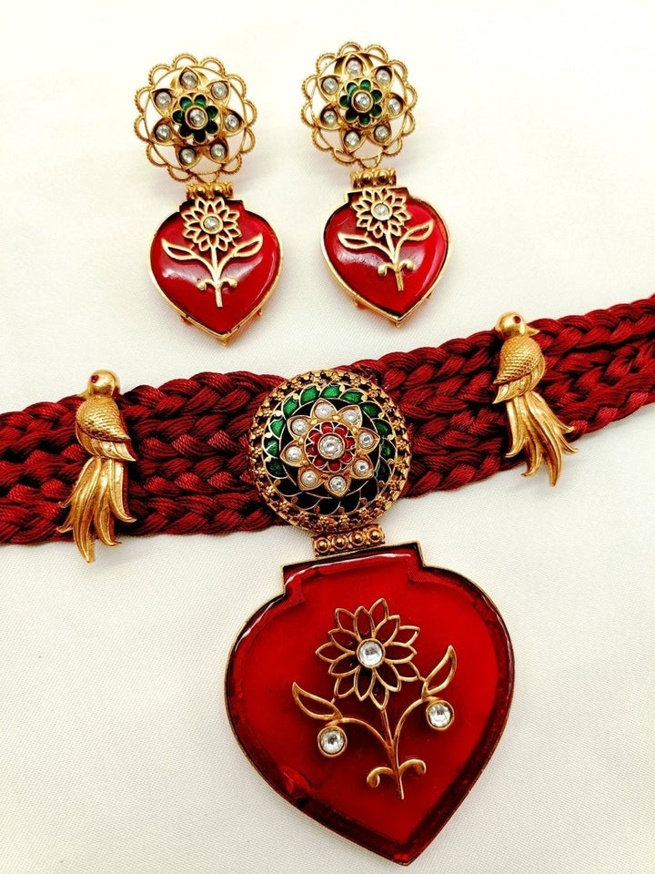 Taima Maroon Thread Boutique Choker Set - House of Sarvati LLC