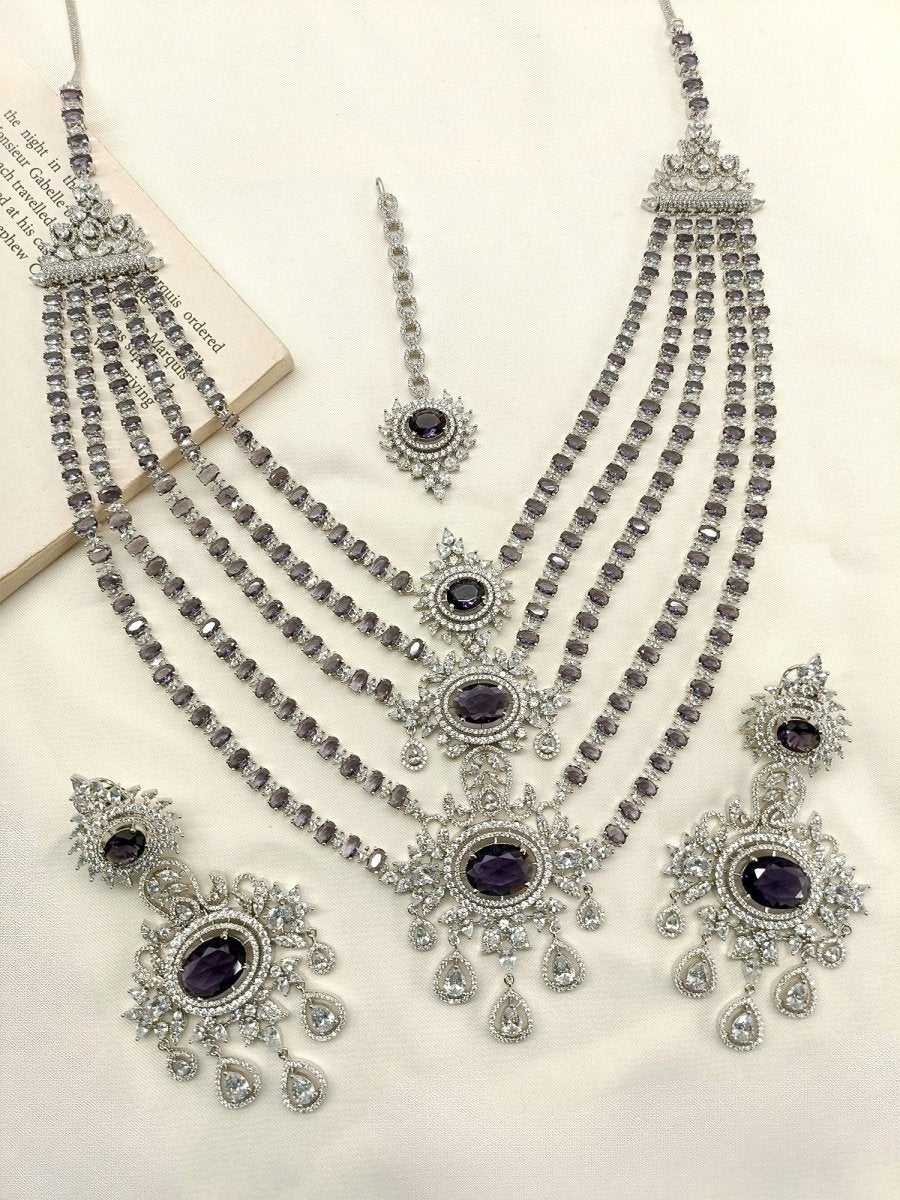 Takshvi Purple American Diamond Necklace Set - House of Sarvati LLC