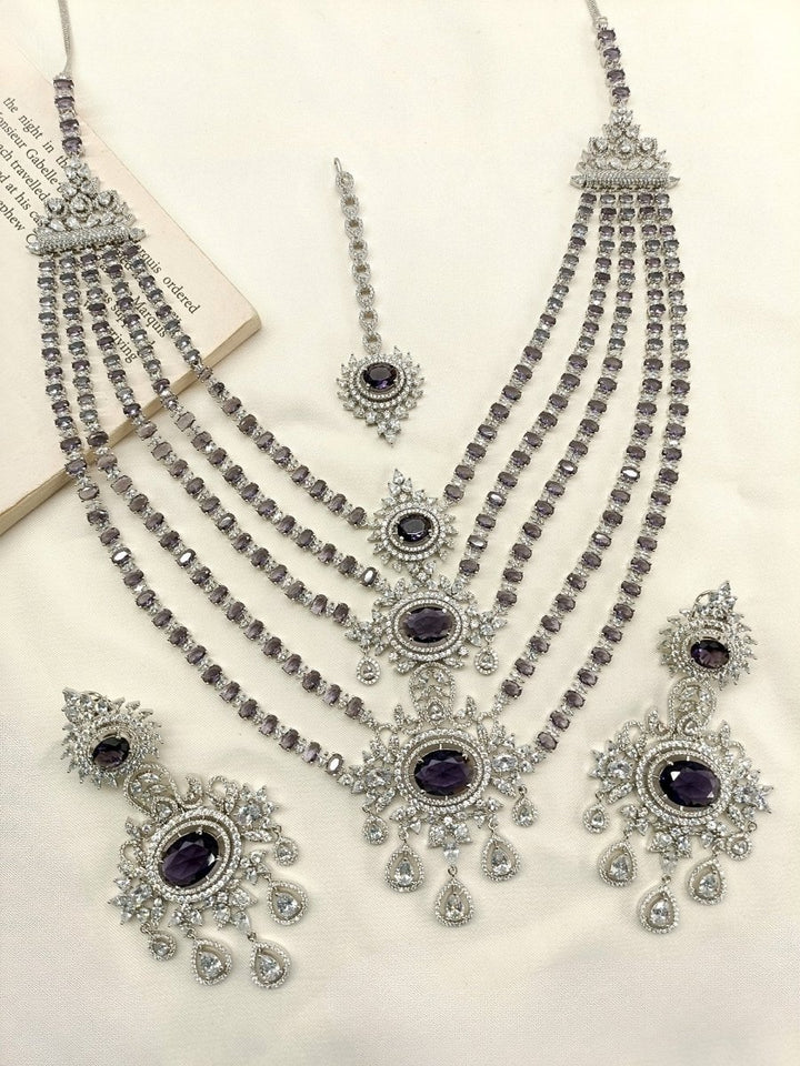 Takshvi Purple American Diamond Necklace Set - House of Sarvati LLC