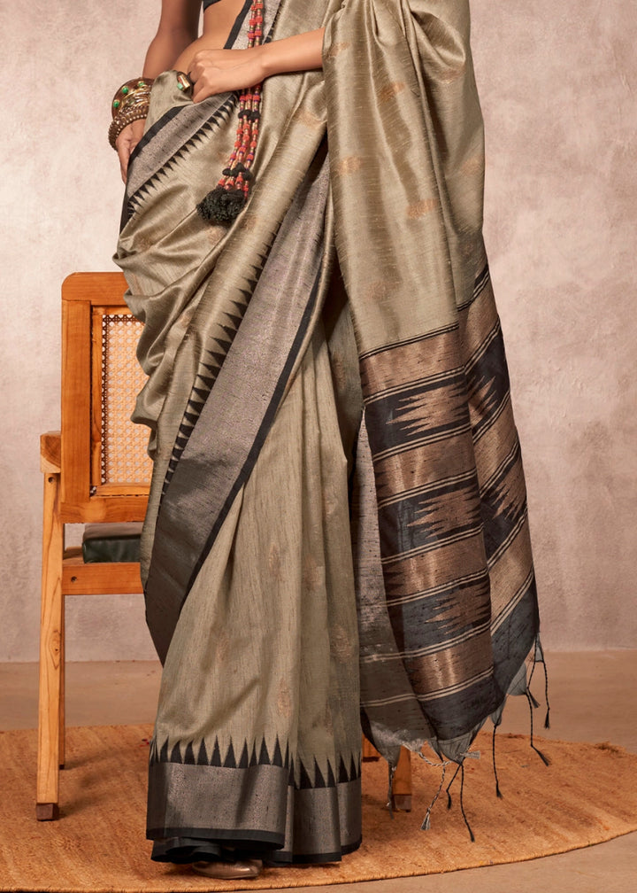 Tan Brown Bhagalpuri Silk Saree with Handcrafted Gadwal Border - House of Sarvati LLC
