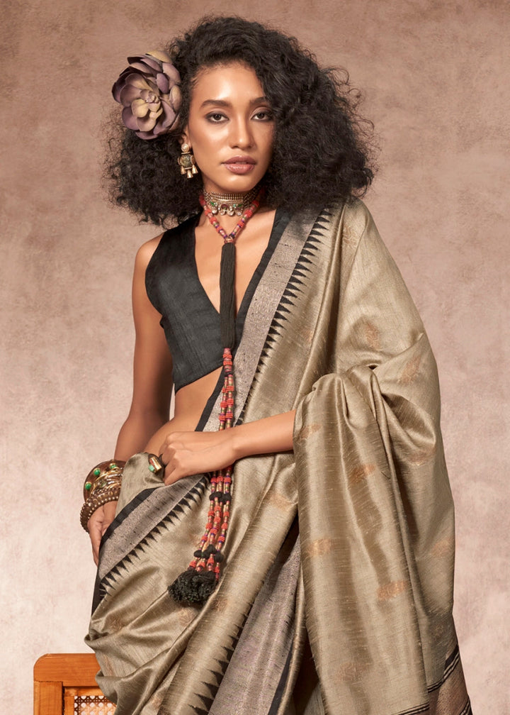 Tan Brown Bhagalpuri Silk Saree with Handcrafted Gadwal Border - House of Sarvati LLC