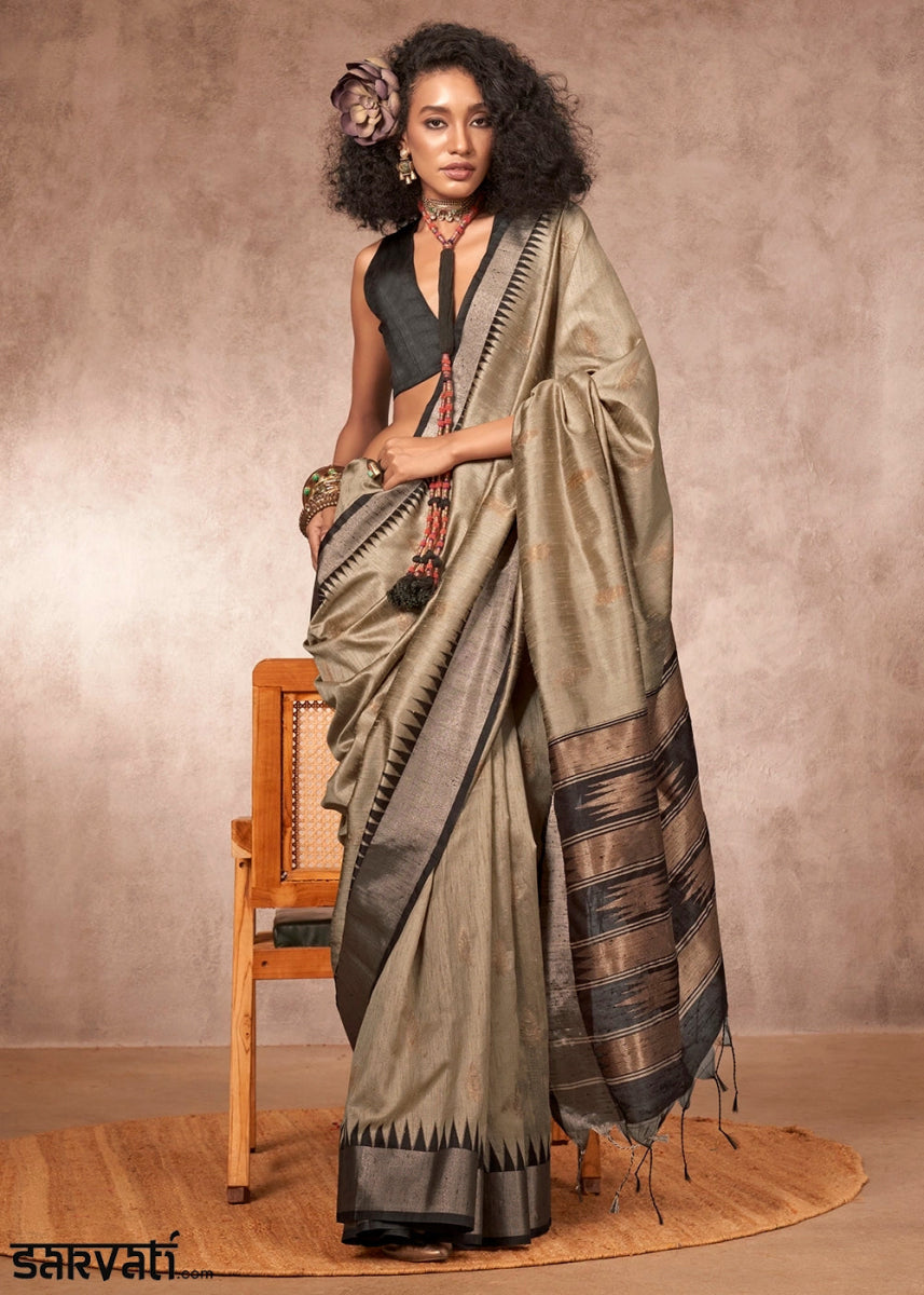 Tan Brown Bhagalpuri Silk Saree with Handcrafted Gadwal Border - House of Sarvati LLC