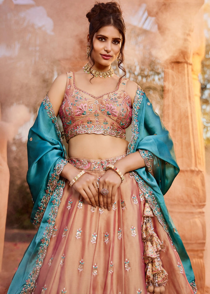 Tan Brown Georgette Lehenga Choli with Sequins and Floral Embroidery - House of Sarvati LLC