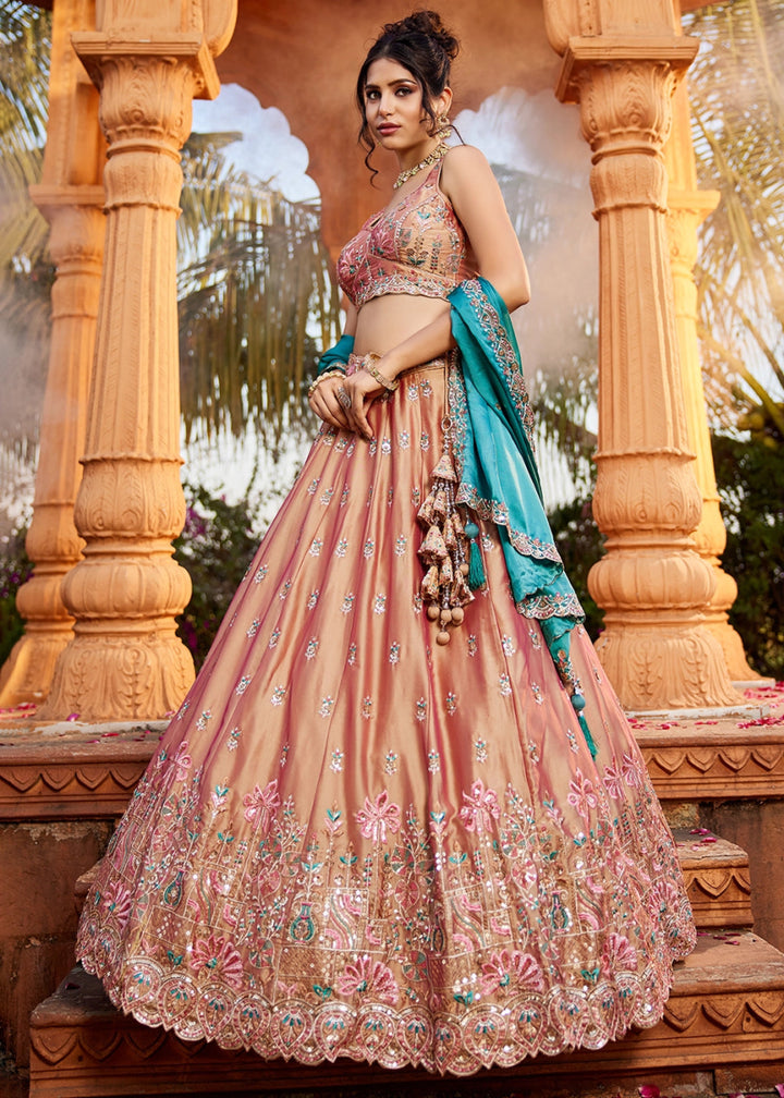 Tan Brown Georgette Lehenga Choli with Sequins and Floral Embroidery - House of Sarvati LLC