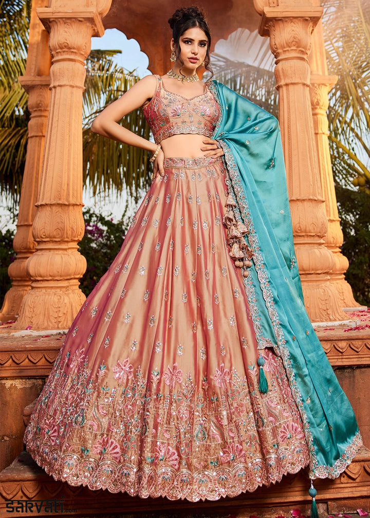 Tan Brown Georgette Lehenga Choli with Sequins and Floral Embroidery - House of Sarvati LLC