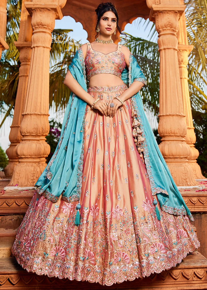 Tan Brown Georgette Lehenga Choli with Sequins and Floral Embroidery - House of Sarvati LLC