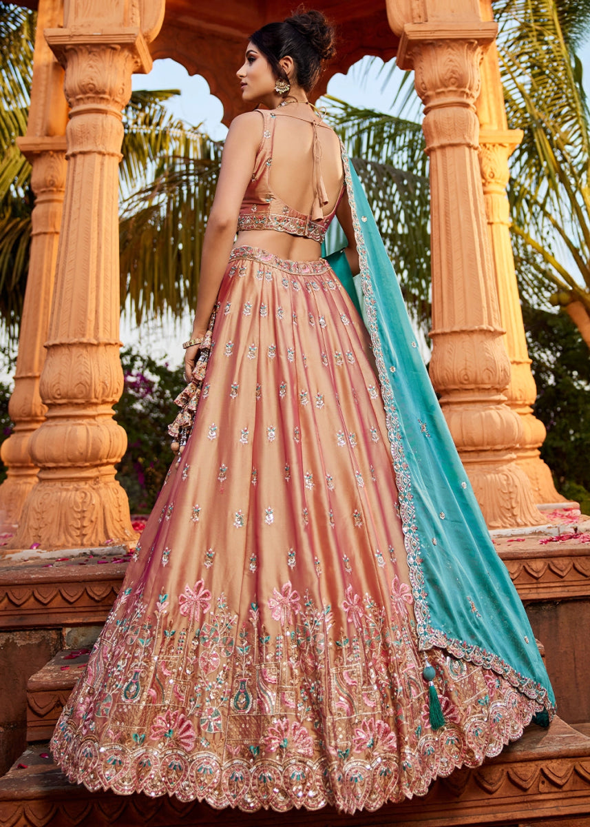 Tan Brown Georgette Lehenga Choli with Sequins and Floral Embroidery - House of Sarvati LLC