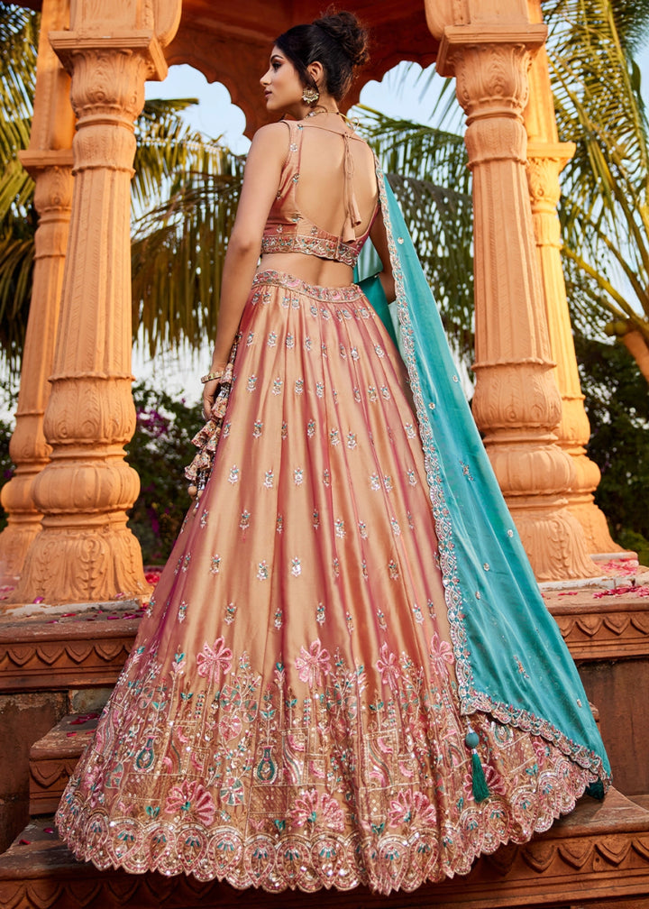 Tan Brown Georgette Lehenga Choli with Sequins and Floral Embroidery - House of Sarvati LLC