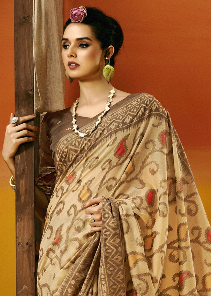 Tan Brown Handwoven Spun Cotton Saree with Floral Prints - House of Sarvati LLC