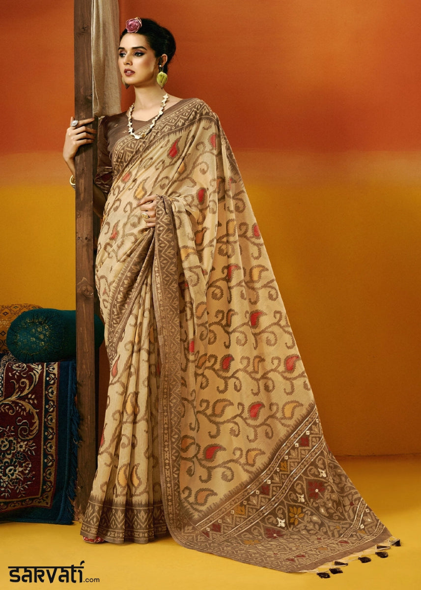 Tan Brown Handwoven Spun Cotton Saree with Floral Prints - House of Sarvati LLC