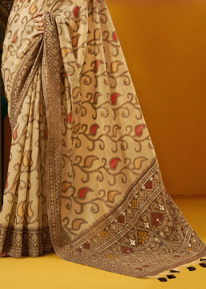 Tan Brown Handwoven Spun Cotton Saree with Floral Prints - House of Sarvati LLC