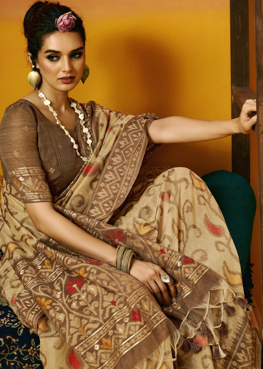 Tan Brown Handwoven Spun Cotton Saree with Floral Prints - House of Sarvati LLC