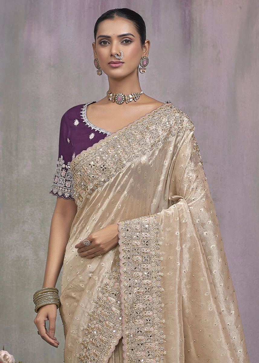 Tan Brown kanjivaram Silk Saree with Intricate Mirror, Moti and Jarkan Embellishments - House of Sarvati LLC
