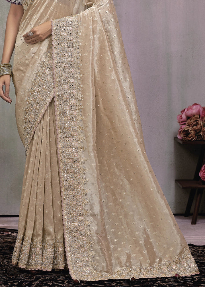 Tan Brown kanjivaram Silk Saree with Intricate Mirror, Moti and Jarkan Embellishments - House of Sarvati LLC