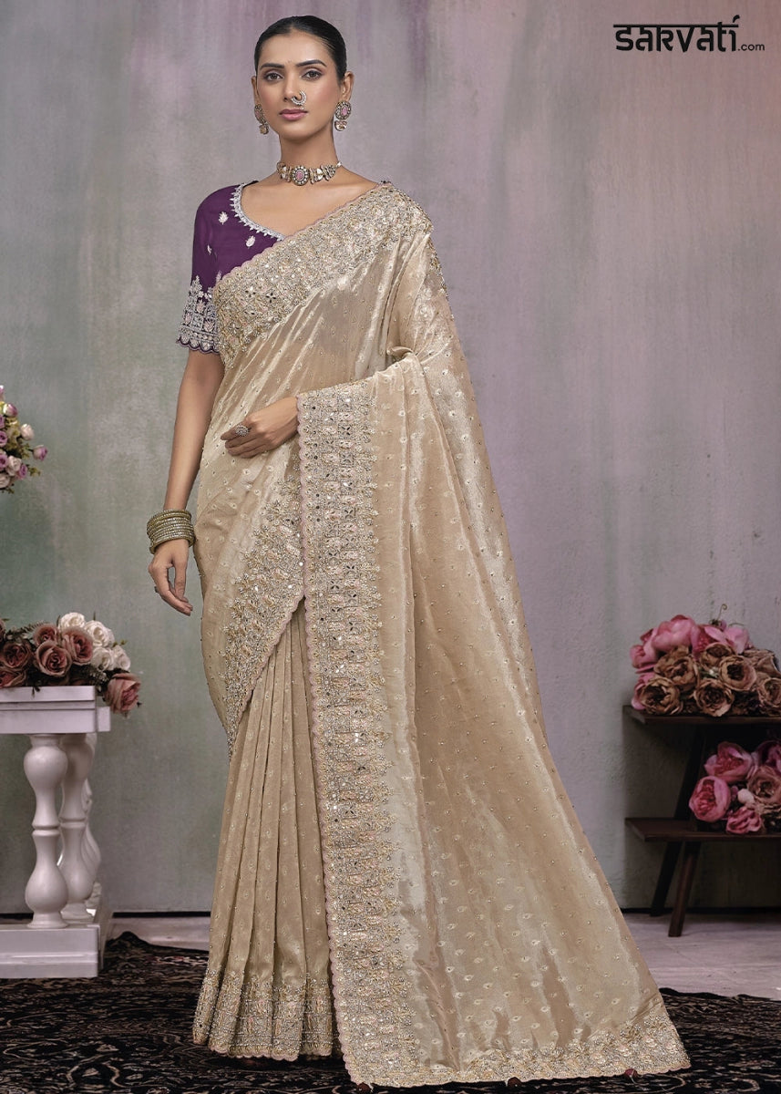 Tan Brown kanjivaram Silk Saree with Intricate Mirror, Moti and Jarkan Embellishments - House of Sarvati LLC