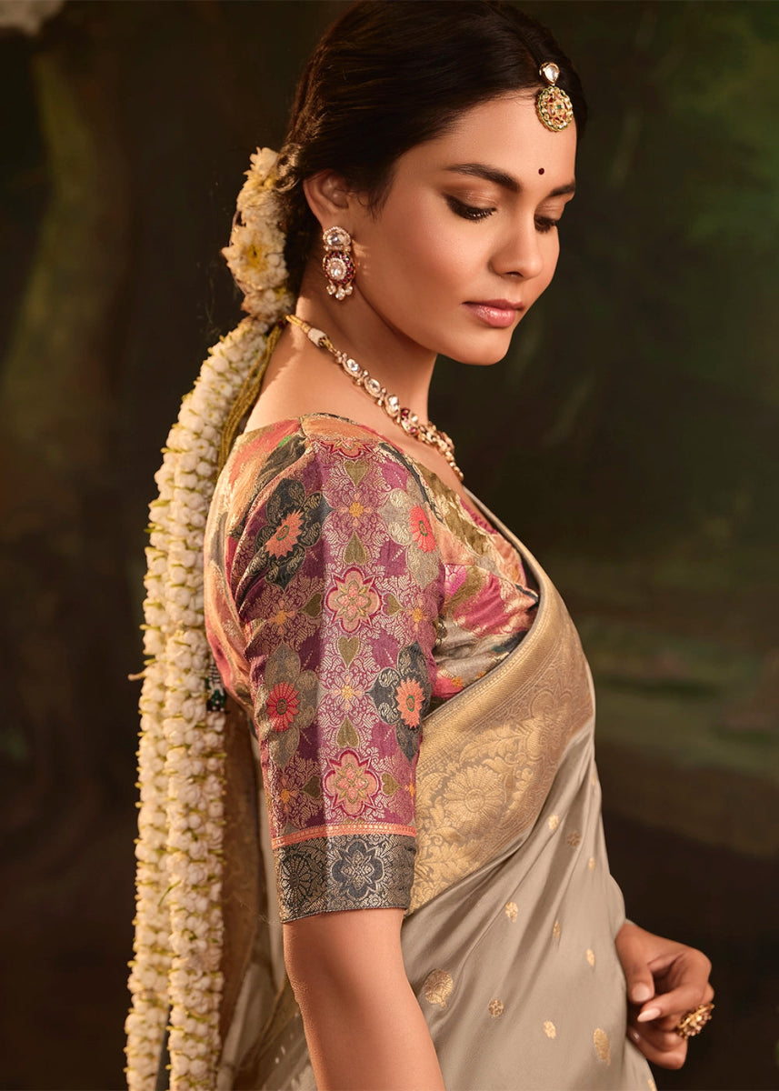 Tapestry Brown Crepe Dola Silk Saree with Rich Zari Weaving - House of Sarvati LLC