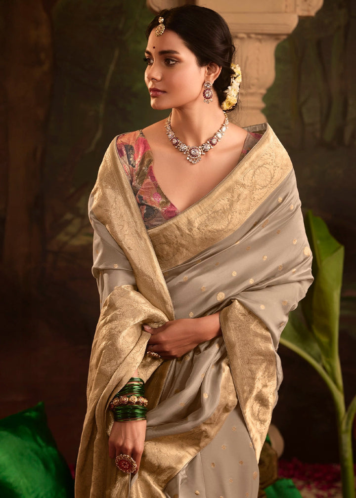 Tapestry Brown Crepe Dola Silk Saree with Rich Zari Weaving - House of Sarvati LLC