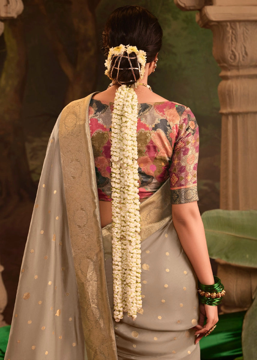Tapestry Brown Crepe Dola Silk Saree with Rich Zari Weaving - House of Sarvati LLC