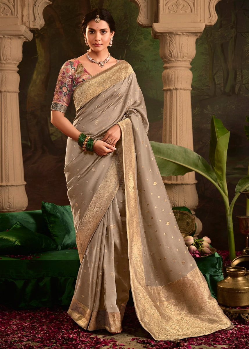 Tapestry Brown Crepe Dola Silk Saree with Rich Zari Weaving - House of Sarvati LLC