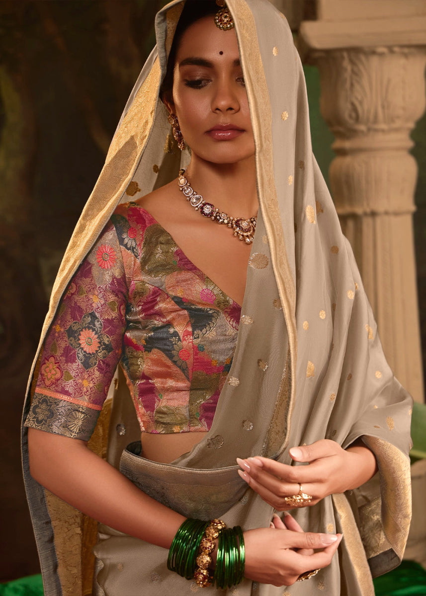 Tapestry Brown Crepe Dola Silk Saree with Rich Zari Weaving - House of Sarvati LLC