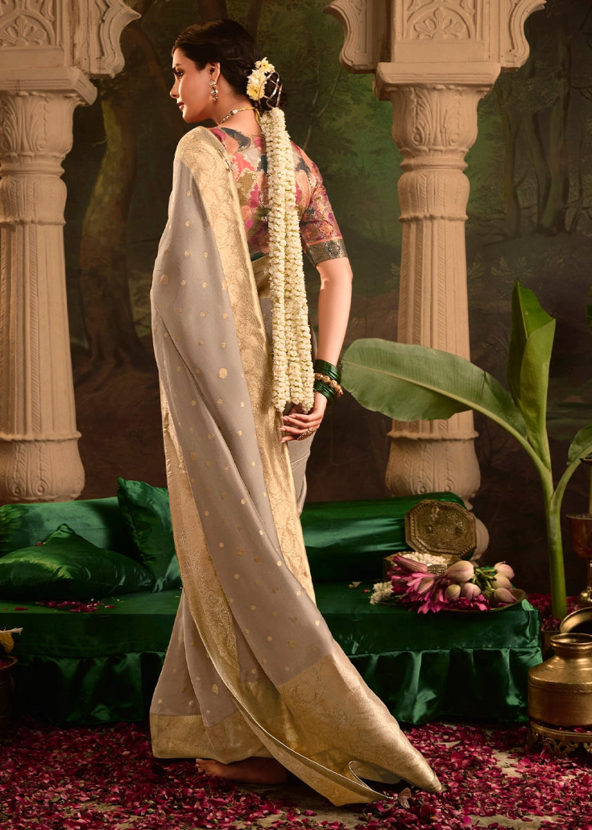 Tapestry Brown Crepe Dola Silk Saree with Rich Zari Weaving - House of Sarvati LLC